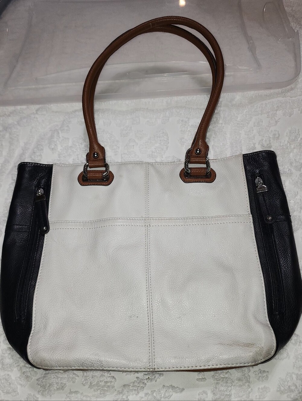 Tignanello Classic Cream & Black Leather Tote with Brown Handles & Silver Metal